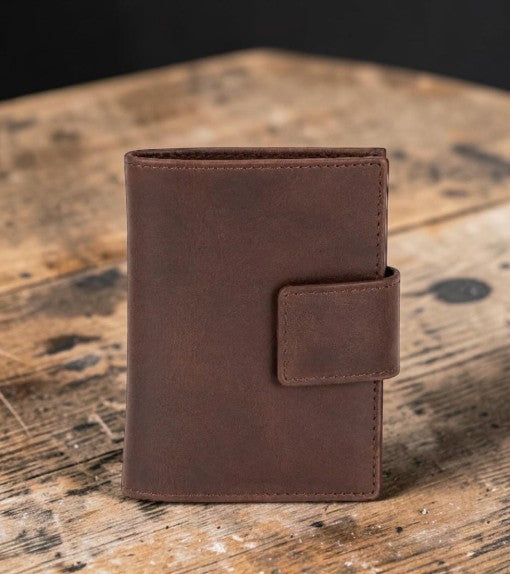 Greenwood Leather RFID Mercer Pop Up Wallet in brown, closed front view