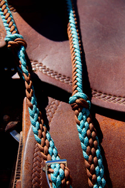 Roping reins, turquoise and brown 3-strand nylon, coiled