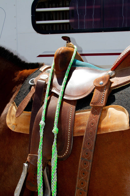 -3H Braided Reins | Everyday Ride, Built to Work | Neon Green, Silver & pattern Lime Green