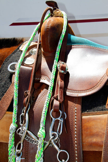Braided reins, on horse, neon and lime green colourway
