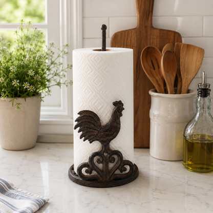 The Farmhouse Rooster Roll Stand, country kitchen paper towel holder