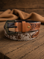 Cowhide Country Hairon Belt, chocolate speckle swatch