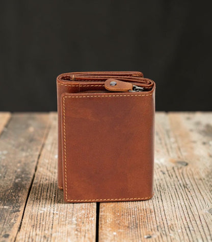 Greenwood Leather RFID Harvest Wallet in camel, closed trifold front view