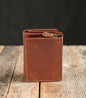 Greenwood Leather RFID Harvest Wallet in camel, closed trifold front view