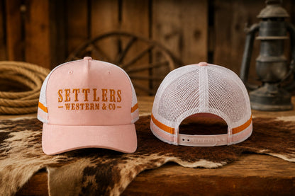 Pink Settlers Western & Co snapback trucker cap, golden embroidered wordmark