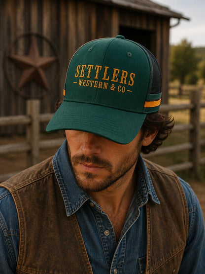 Settlers Western & Co trucker cap, worn lifestyle shot