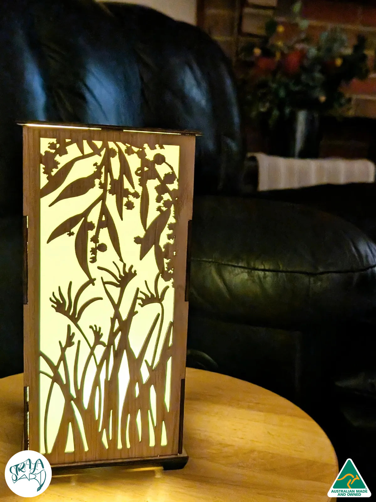 Australian hardwood lamp, Australian Flowers design, close-up detail