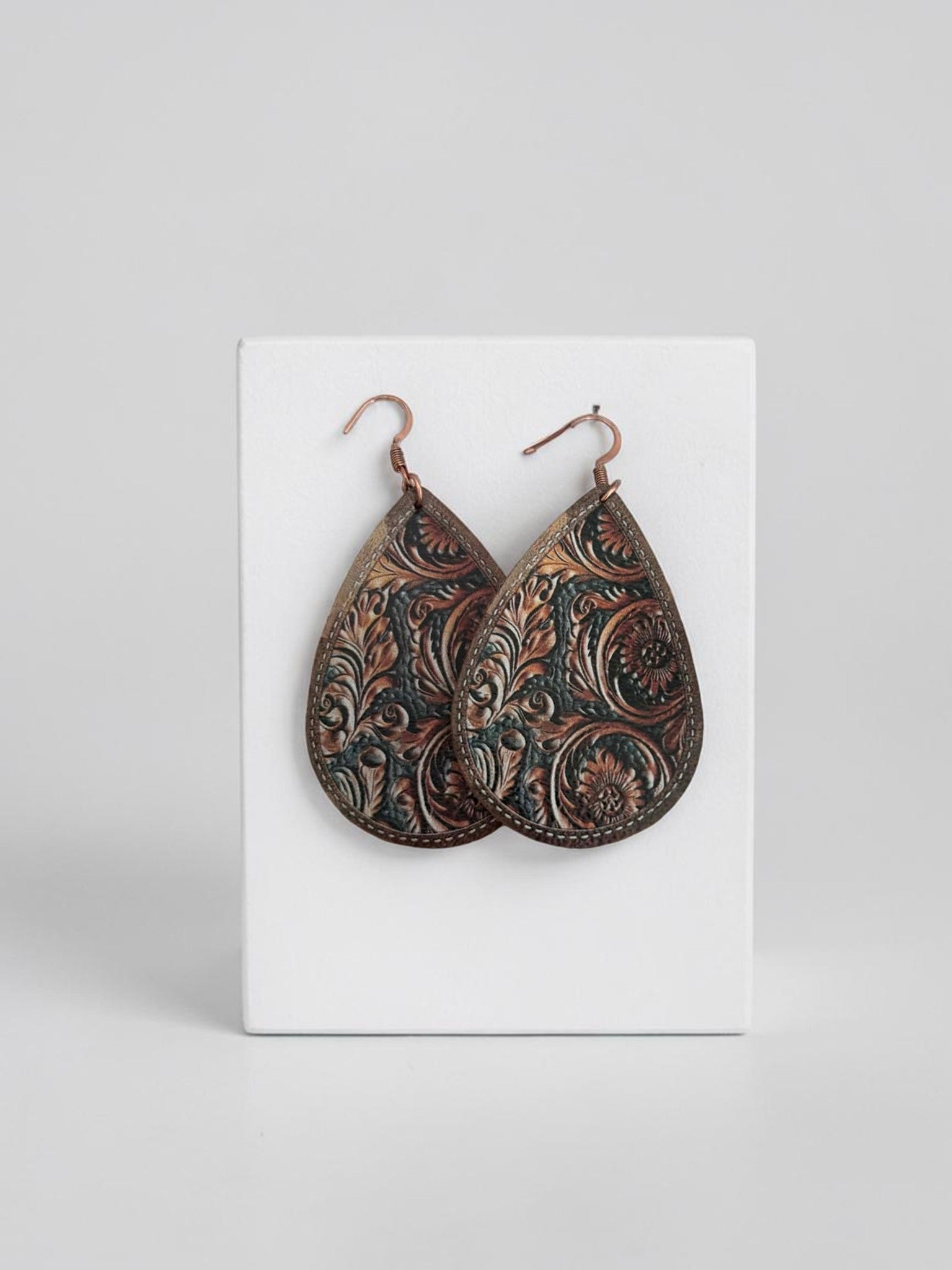 "Tooled Teardrop" leather dangle earrings, rustic western style