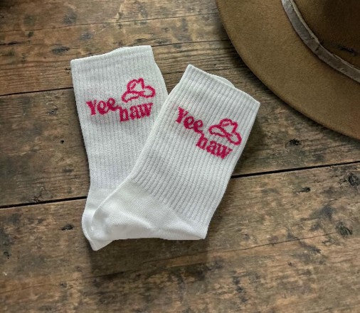 "Yee Haw" Socks White & Pink
