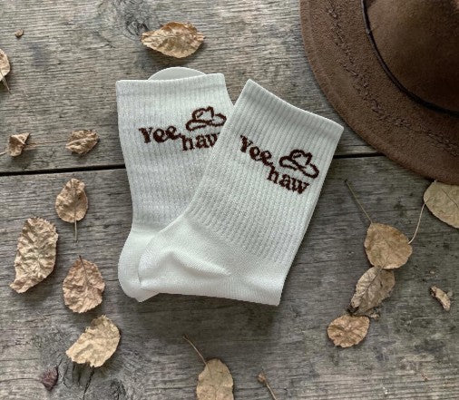 "Yee Haw" Socks - White & Brown