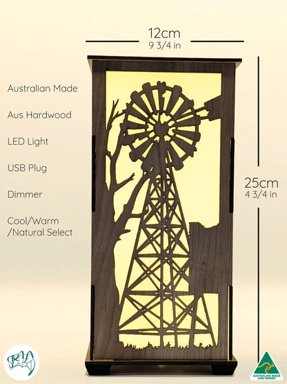 Australian hardwood lamp, Outback Windmill design, on side table