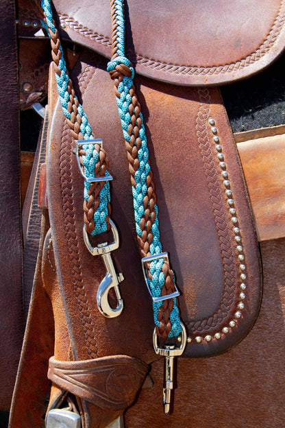 Roping reins, turquoise and brown, detail view