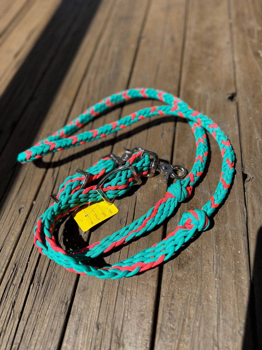 Braided Reins – Pink & Teal Flat-to-Round Nylon Horse Reins by -3H
