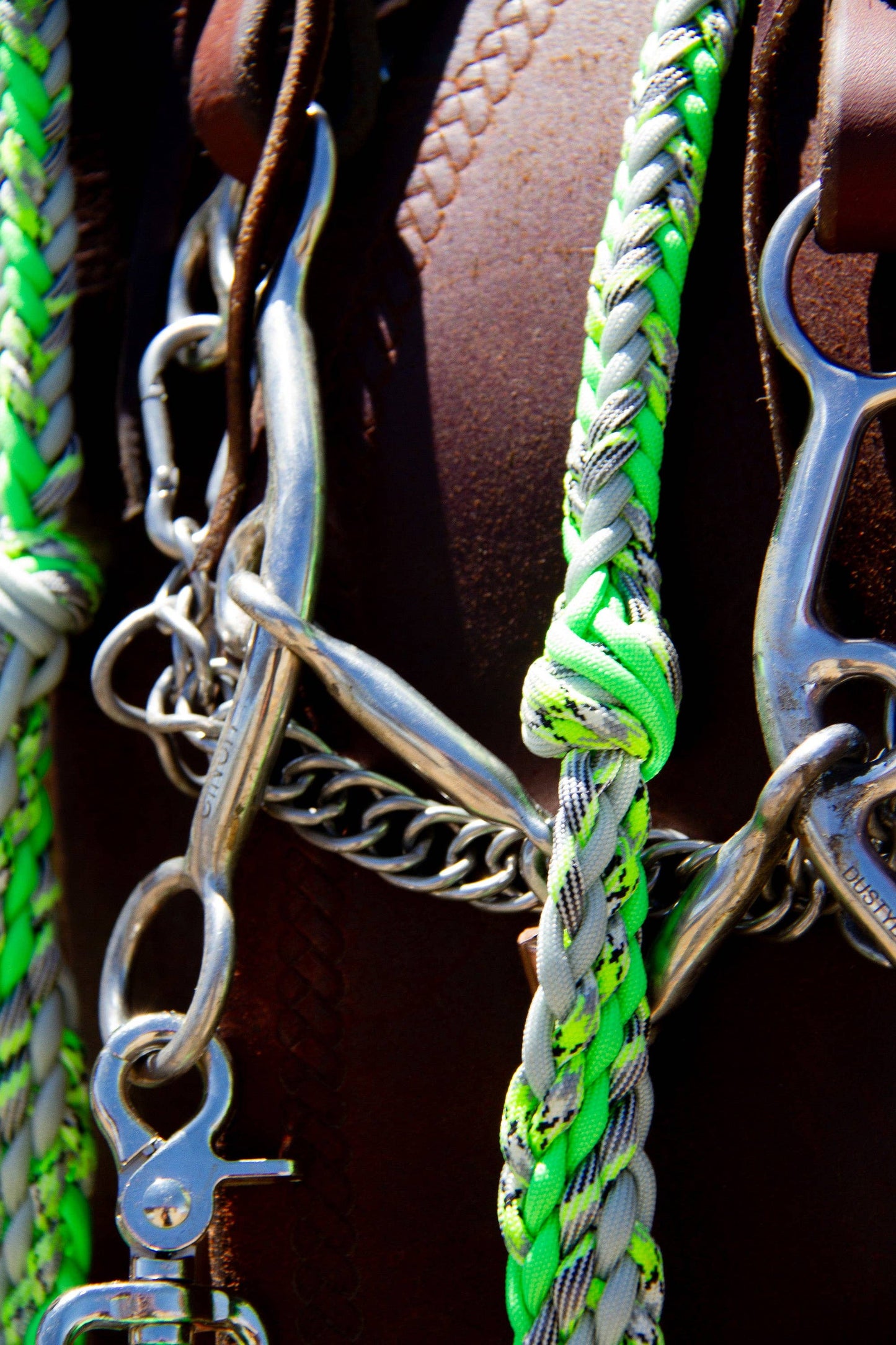 Braided reins, pattern lime green, coiled