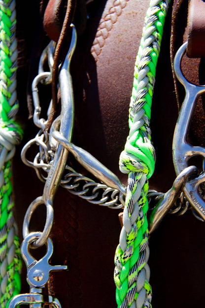Braided reins, pattern lime green, coiled
