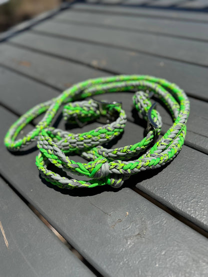 -3H Braided Reins | Everyday Ride, Built to Work | Neon Green, Silver & pattern Lime Green