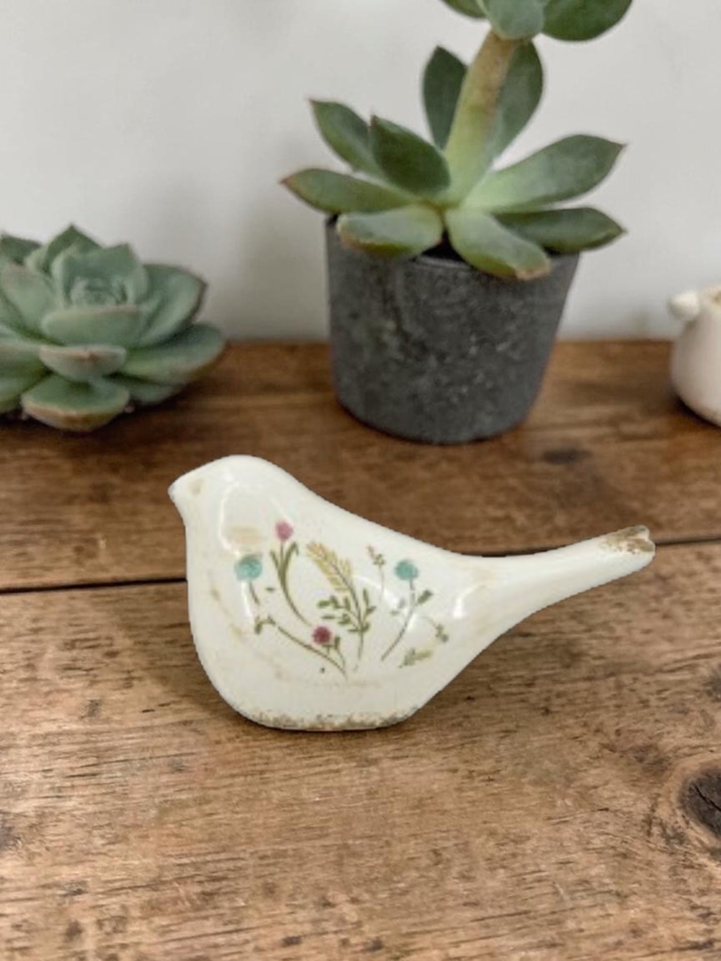 "Ivory Wings" ceramic bird statue, white, country home decor accent piece