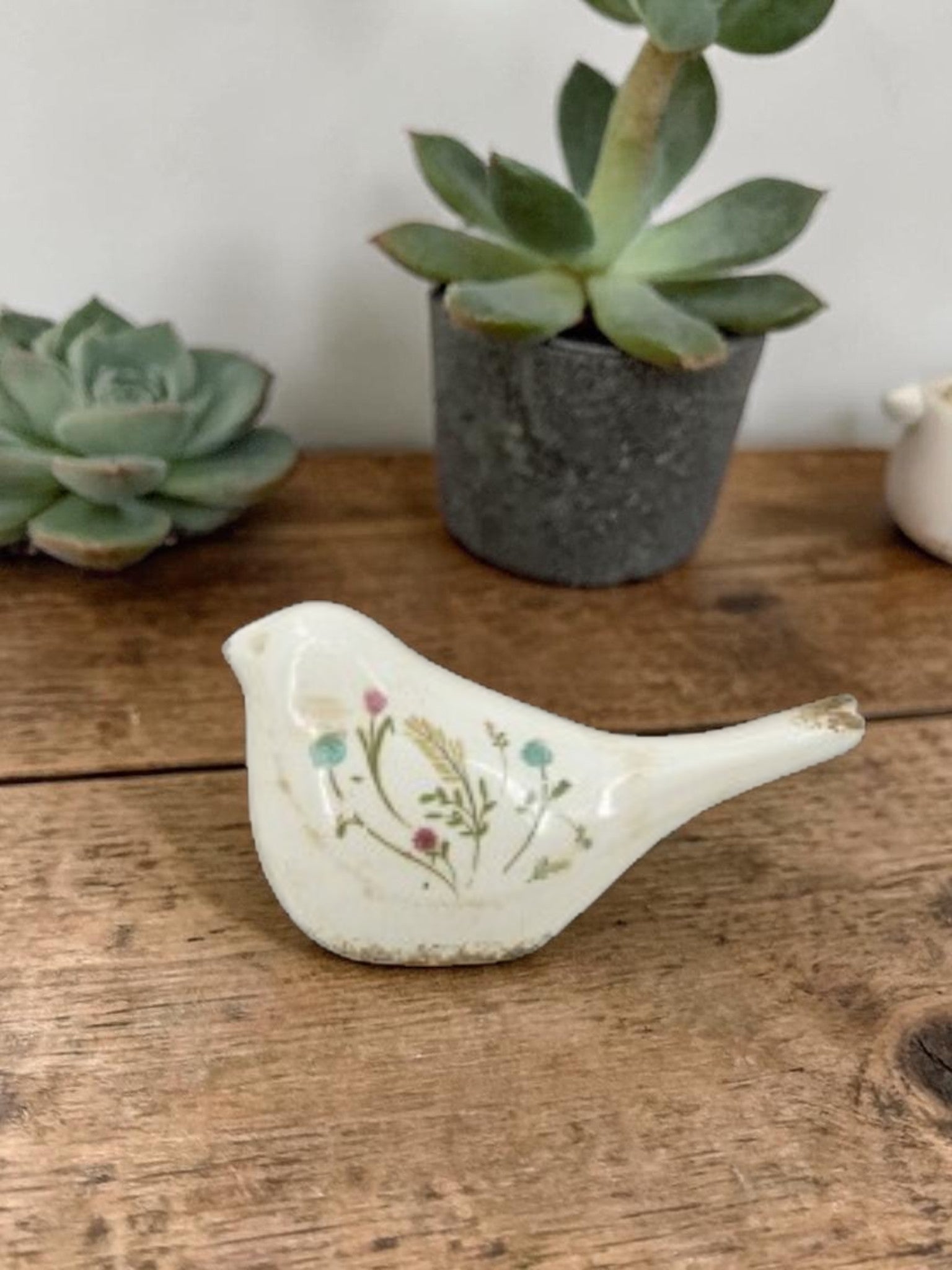 "Ivory Wings" ceramic bird statue, white, country home decor accent piece