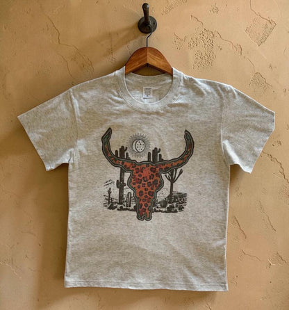 Leopard Longhorn country graphic tee, cow skull design front print