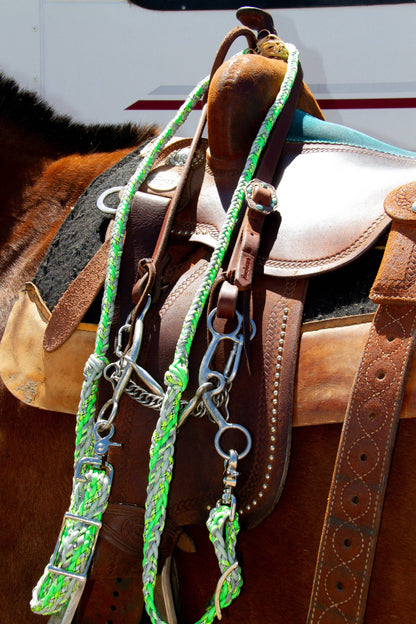 -3H Braided Reins | Everyday Ride, Built to Work | Neon Green, Silver & pattern Lime Green