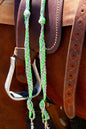 Braided reins, neon green and silver nylon, coiled