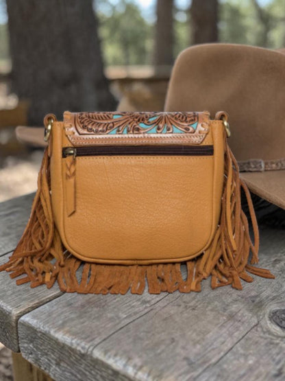 "Desert Wanderer" turquoise leather sling bag, back view