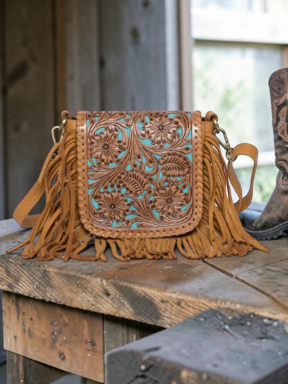 "Desert Wanderer" turquoise leather sling bag, front view