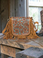 "Desert Wanderer" turquoise leather sling bag, front view